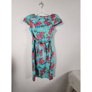 Rumies Women Floral Print Cap Sleeve Belted Shift Dress Size 8 Blue Pink Stretch